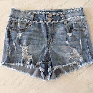 Almost Famous Mid-Rise Jean Shorts Double Button Frayed Hem 7 90s Revival Boho